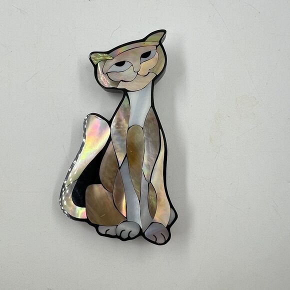 LEE SANDS Abalone Shell KITTY CAT Brooch FELINE LIONESS Pin - Picture 1 of 6